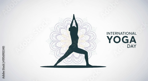 International yoga day silhouette of a person in a yoga pose on a white background with a lotus flower design
