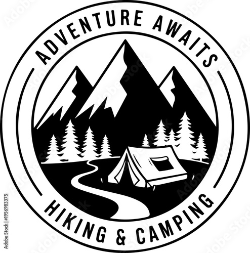 Camping, hiking logo, adventure emblem, outdoor badge, vector icon