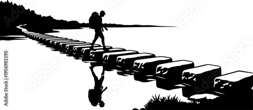 Vector illustration of a person walking on stepping stones