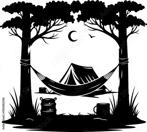 Vector camping scene with hammock and tent at night
