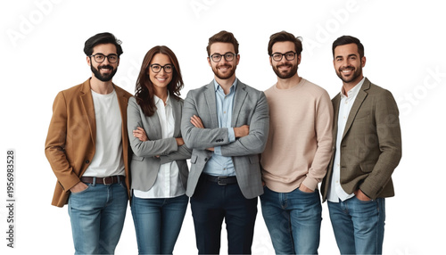 Young professionals, a diverse team of men and women, confidently stand together smiling on a white.