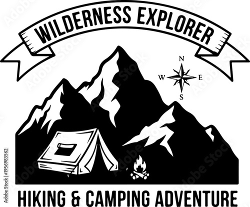 Wilderness explorer, hiking camping adventure, outdoor vector icon, black silhouette