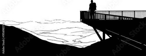 Silhouette of person on pier, black and white illustration, scenic landscape, vector graphic