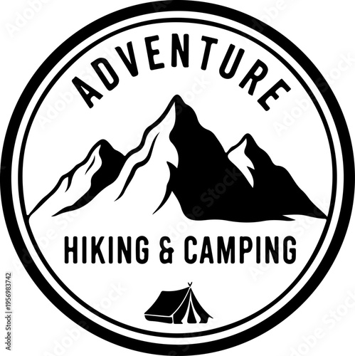 Adventure hiking camping logo, outdoor recreation badge, mountain trekking emblem, black and white vector icon