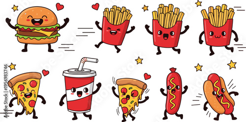 Cute Fast Food Cartoon Characters Collection Featuring Burger Fries Pizza Soda and Hotdog Mascots in Fun Playful Vector Style for Kids Branding Stickers and Creative Design Projects