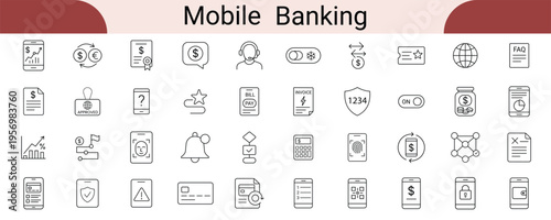 Set of mobile banking and finance line icons vector collection of thin outline icons for mobile apps and web design