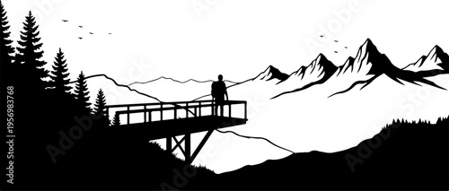 Mountain landscape silhouette, scenic overlook vector, black and white illustration, outdoor scenery