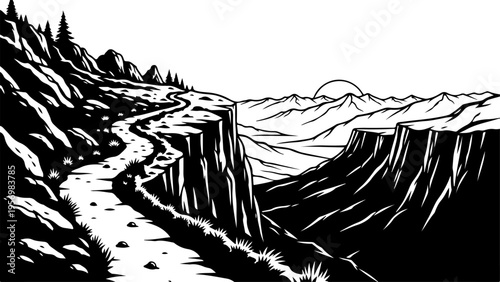Black and white vector illustration of mountain cliff landscape