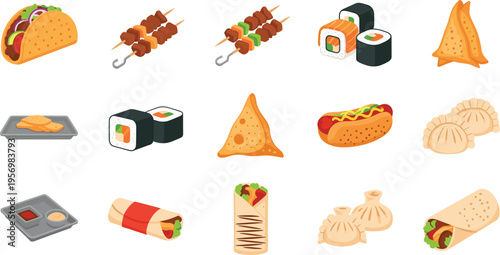 Street Food Vector Illustration Set Featuring Tacos Sushi Kebab Dumplings Wraps and Snacks in Flat Cartoon Style for Restaurant Menu Fast Food Branding and Culinary Design Projects