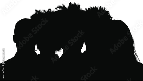 Group of diverse people in silhouette huddle closely, symbolizing intimate discussion, shared secrets,.