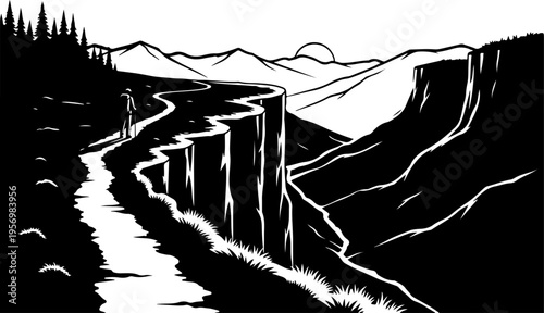 Black and white mountain landscape vector illustration