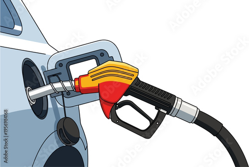 A fuel nozzle is inserted into the gas tank of a light-colored car, illustrating the process of refueling a vehicle.