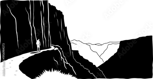 Black and white vector illustration of rocky cliff landscape