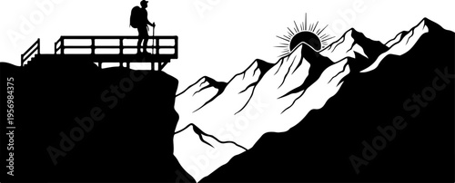 Mountain landscape silhouette, sunrise scenery, hiking illustration, black and white vector