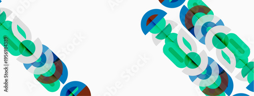 Abstract graphic design features overlapping colorful shapes. Text appears fragmented, creating dynamic visual effect. White background dominates composition.