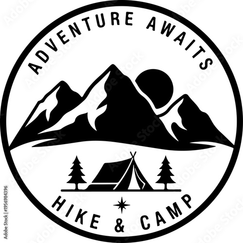 Adventure logo, outdoor badge, hiking label, camping emblem, black vector icon