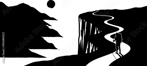 Vector silhouette of hiker on mountain trail landscape