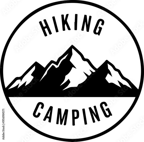 Hiking, camping logo, outdoor adventure badge, mountain icon, black vector emblem