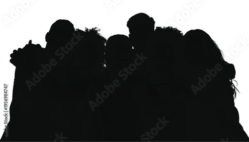 A row of five stylized human profiles is rendered in solid black against a pure white backdrop for graphic.
