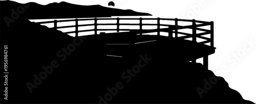Black silhouette, wooden fence, observation deck, cliffside structure