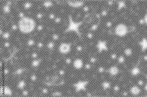 Black and white halftone style hand drown night sky abstract. Round pixel dots style. Space, stars and planets. Vector illustration