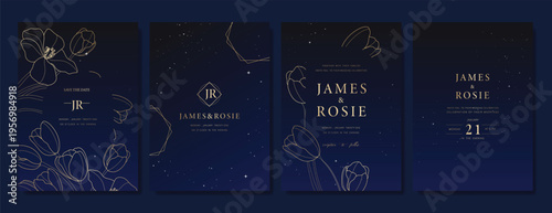 Navy Blue Luxury Wedding Invitation, floral invite thank you, rsvp modern card Design in gold flower with  leaf greenery  branches decorative Vector elegant rustic template