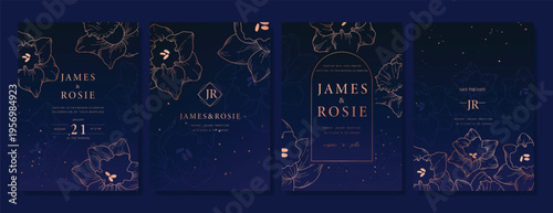 Navy Blue Luxury Wedding Invitation, floral invite thank you, rsvp modern card Design in gold flower with  leaf greenery  branches decorative Vector elegant rustic template