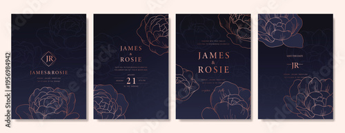 Navy Blue Luxury Wedding Invitation, floral invite thank you, rsvp modern card Design in gold flower with  leaf greenery  branches decorative Vector elegant rustic template