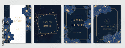 Navy Blue Luxury Wedding Invitation, floral invite thank you, rsvp modern card Design in gold flower with  leaf greenery  branches decorative Vector elegant rustic template