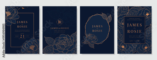 Navy Blue Luxury Wedding Invitation, floral invite thank you, rsvp modern card Design in gold flower with  leaf greenery  branches decorative Vector elegant rustic template