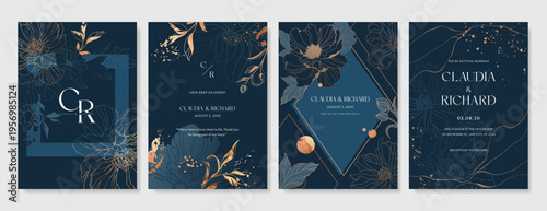 Navy Blue Luxury Wedding Invitation, floral invite thank you, rsvp modern card Design in gold flower with  leaf greenery  branches decorative Vector elegant rustic template