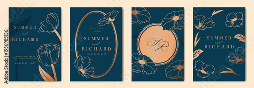 Navy Blue Luxury Wedding Invitation, floral invite thank you, rsvp modern card Design in gold flower with  leaf greenery  branches decorative Vector elegant rustic template