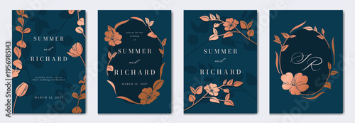 Navy Blue Luxury Wedding Invitation, floral invite thank you, rsvp modern card Design in gold flower with  leaf greenery  branches decorative Vector elegant rustic template