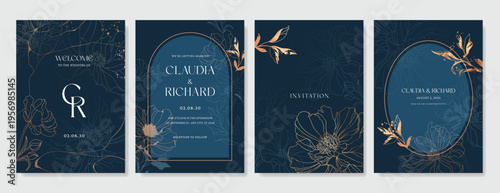 Navy Blue Luxury Wedding Invitation, floral invite thank you, rsvp modern card Design in gold flower with  leaf greenery  branches decorative Vector elegant rustic template