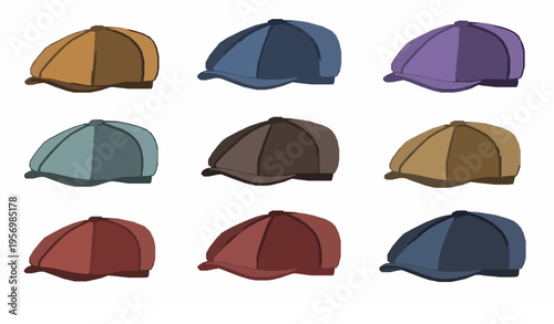 Classic flat cap hats colorful fashion accessory vector set