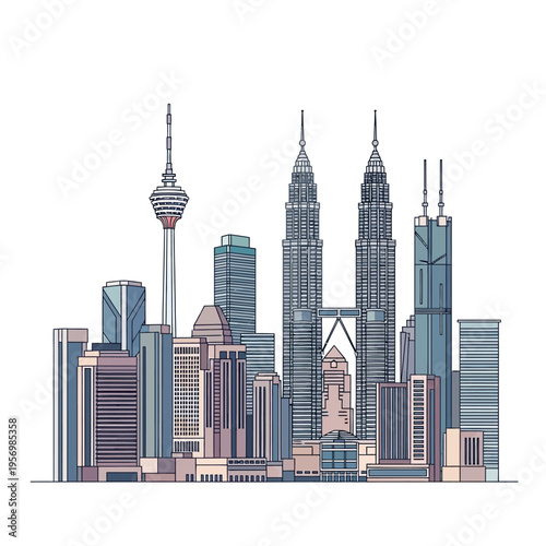 Kuala Lumpur Skyline Illustration: Iconic Petronas Towers, KL Tower, Modern Architecture