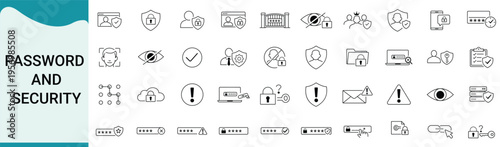 Set of password and security line icons contains icons like password protection, secure login, biometric, fingerprint, cloud security, and more