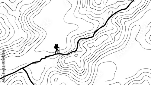 Vector illustration of a hiker on topographic map