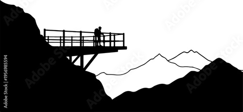 Vector silhouette of person on mountain observation deck