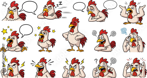 Funny Chicken Cartoon Characters Set Showing Different Emotions Expressions and Reactions with Speech Bubbles in Flat Vector Style for Comics Stickers Animation and Creative Design Projects