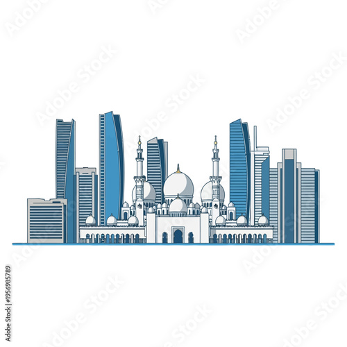 Modern City Skyline with Grand Mosque and Skyscrapers, UAE Architecture