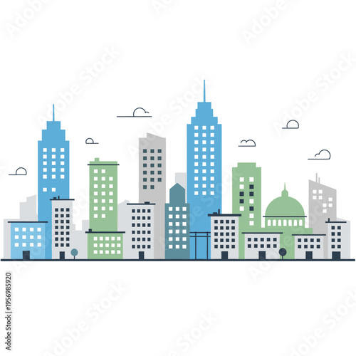 Modern Cityscape Illustration: Tall Buildings, Skyline, Flat Design