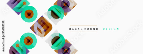 Abstract geometric shapes overlap, creating vibrant visual texture. Clean white background enhances colorful design elements.