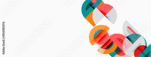 Abstract geometric shapes overlap, creating colorful patterns. Minimalist design with orange, teal, red hues on white background.