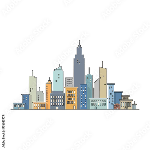 Modern Cityscape Skyline Illustration - Colorful Buildings on White Background