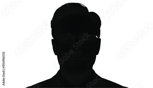 Silhouette portrait of a professional man wearing glasses is isolated against a stark white background for.