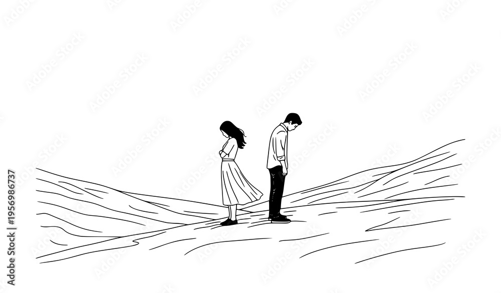 Fototapeta premium Minimal black and white line art sad couple on hill emotional distance relationship concept vector illustration