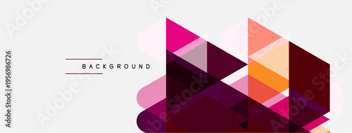 Abstract geometric shapes overlap, creating vibrant pink, orange hues. Minimalist design with white space dominates composition.
