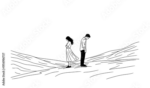 Minimal black and white line art sad couple on hill emotional distance relationship concept vector illustration
