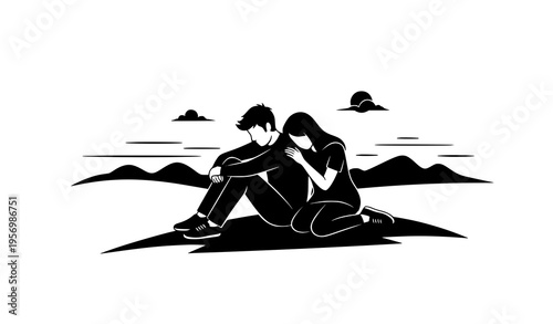 Sad couple sitting on hill with emotional support black and white silhouette vector relationship concept